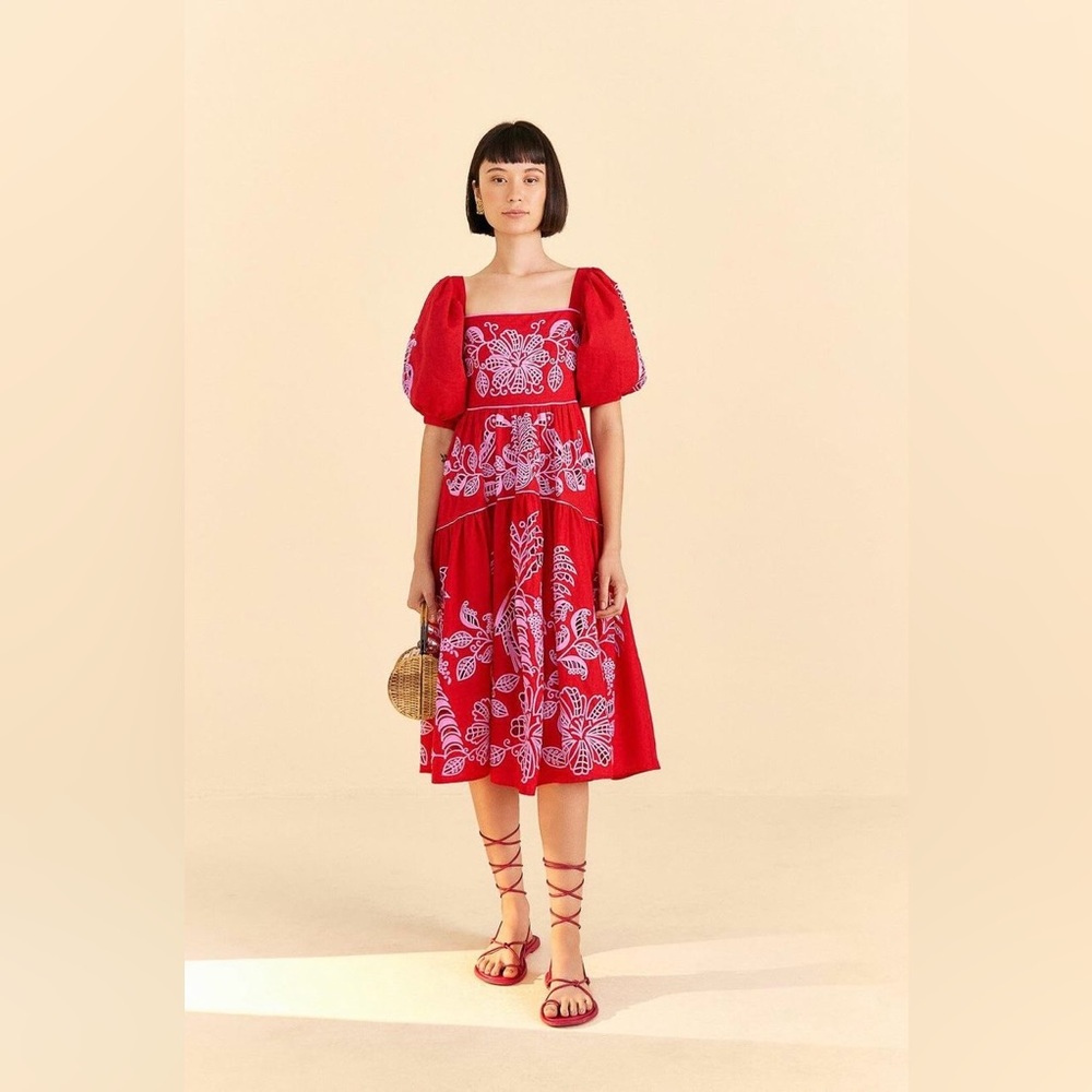 FARM Rio Red Embroidered Midi Dress